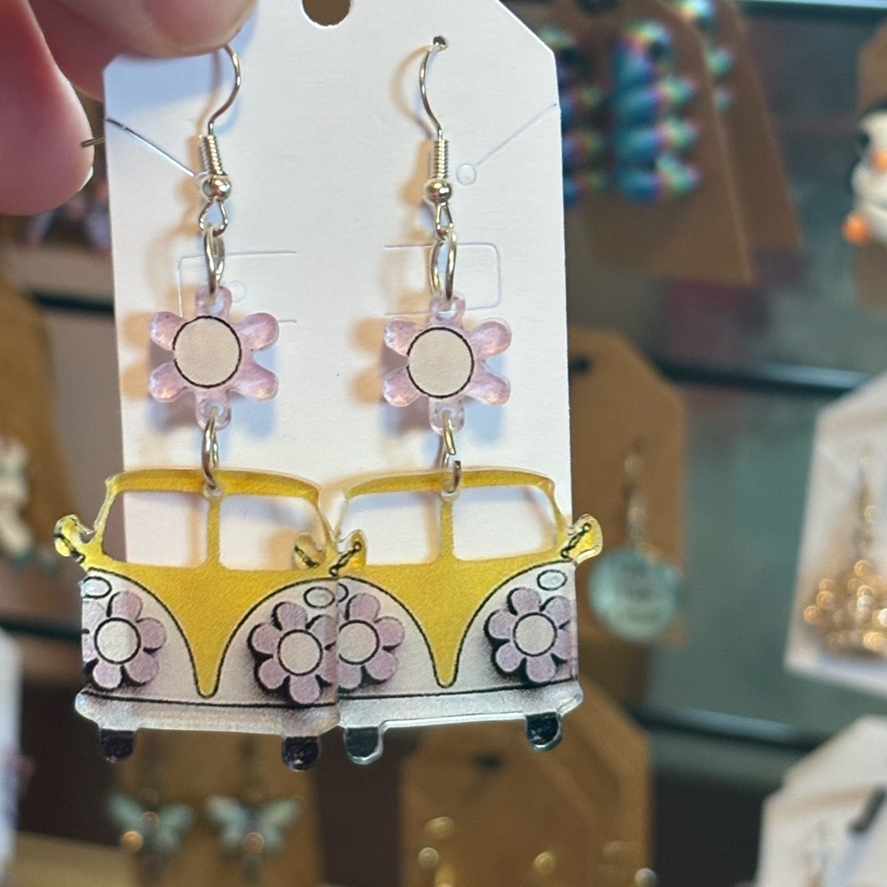 Yellow and Pink Flower hippie van  Earrings